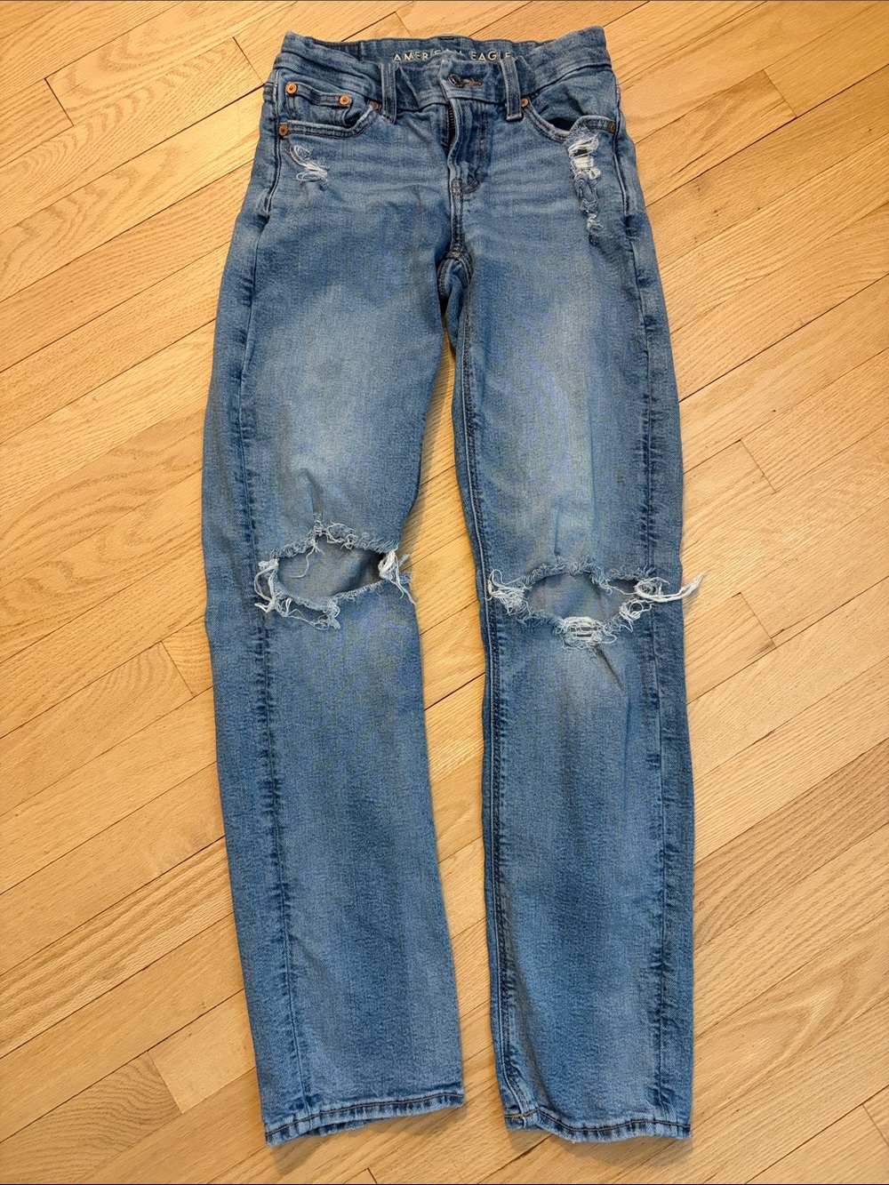 American Eagle Outfitters Light Blue Straight-Leg Distressed Jeans